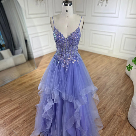 2025 Arabic Blue Spaghetti Strap A-Line Tiered Lace Appliques Luxury Evening Dress for Women's Party LA72617