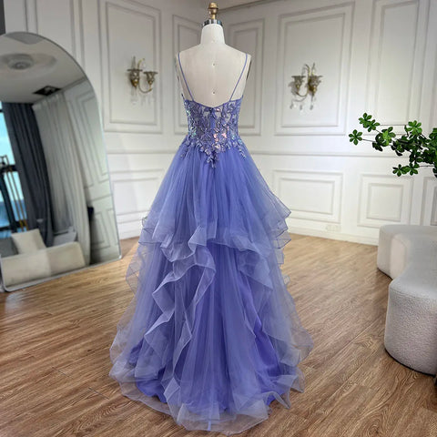 2025 Arabic Blue Spaghetti Strap A-Line Tiered Lace Appliques Luxury Evening Dress for Women's Party LA72617