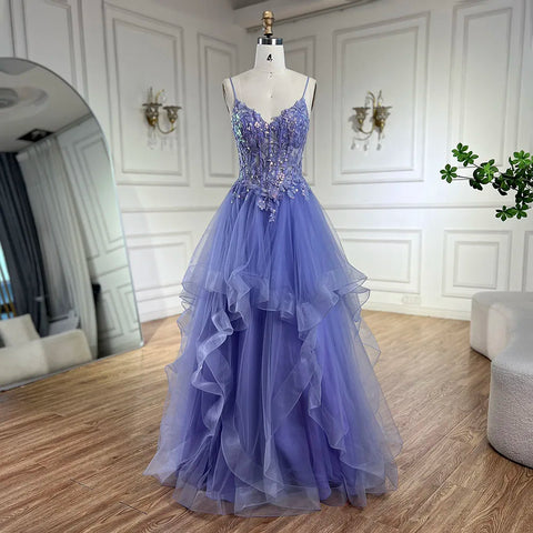 2025 Arabic Blue Spaghetti Strap A-Line Tiered Lace Appliques Luxury Evening Dress for Women's Party LA72617
