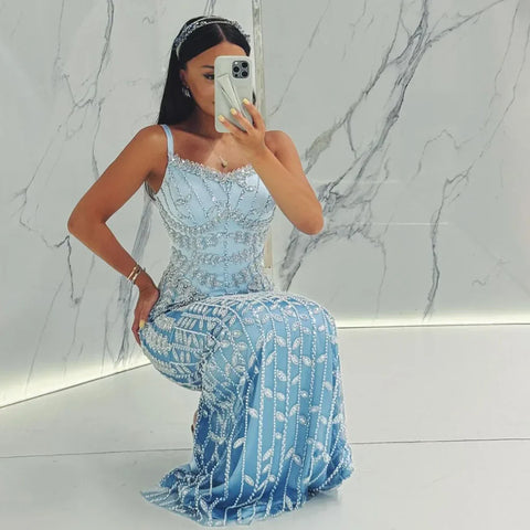 2025 Arabic Blue Spaghetti Strap Mermaid Gown Luxury Beaded Saudi Evening Dress for Formal Occasion LA72725