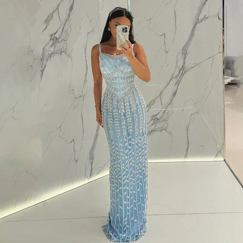 2025 Arabic Blue Spaghetti Strap Mermaid Gown Luxury Beaded Saudi Evening Dress for Formal Occasion LA72725