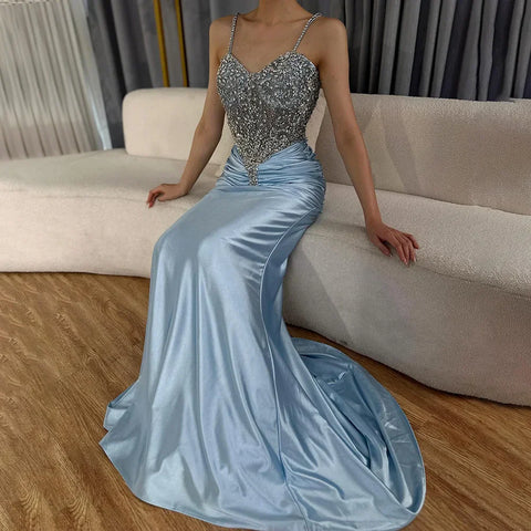 2025 Arabic Blue Spaghetti Strap Satin Mermaid Gown Luxury Beaded Saudi Evening Dress for Formal Occasion LA72729
