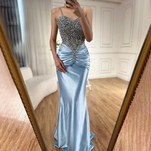 2025 Arabic Blue Spaghetti Strap Satin Mermaid Gown Luxury Beaded Saudi Evening Dress for Formal Occasion LA72729