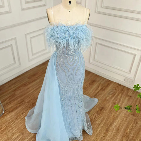2025 Arabic Blue Strapless Mermaid Evening Gown with Overskirt Feathers Beaded Dress for Women's Party LA72658