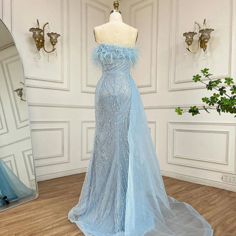 2025 Arabic Blue Strapless Mermaid Evening Gown with Overskirt Feathers Beaded Dress for Women's Party LA72658