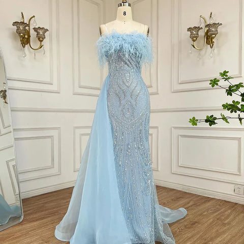 2025 Arabic Blue Strapless Mermaid Evening Gown with Overskirt Feathers Beaded Dress for Women's Party LA72658