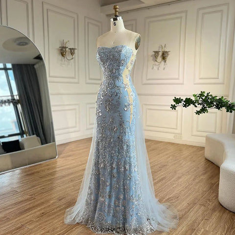 2025 Arabic Blue Strapless Mermaid Luxury Evening Gown with Tulle Overskirt Beaded Dress for Women's Party LA72639