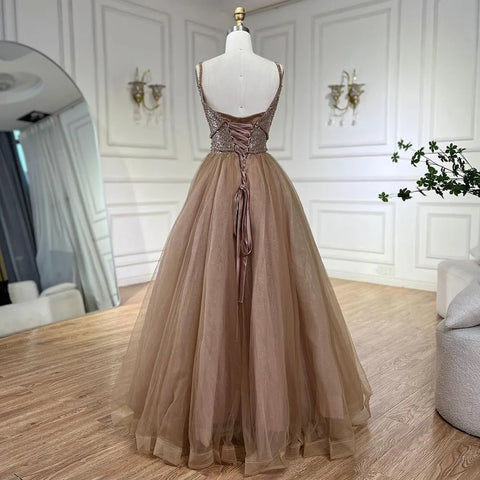 2025 Arabic Carame A Line Spaghetti Strap Beaded Luxury Dubai Evening Dresses Gowns For Women Wedding Party LA70495