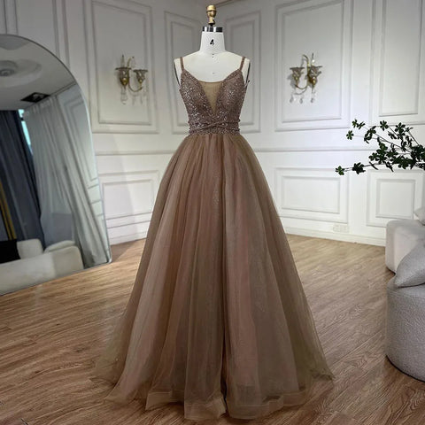 2025 Arabic Carame A Line Spaghetti Strap Beaded Luxury Dubai Evening Dresses Gowns For Women Wedding Party LA70495