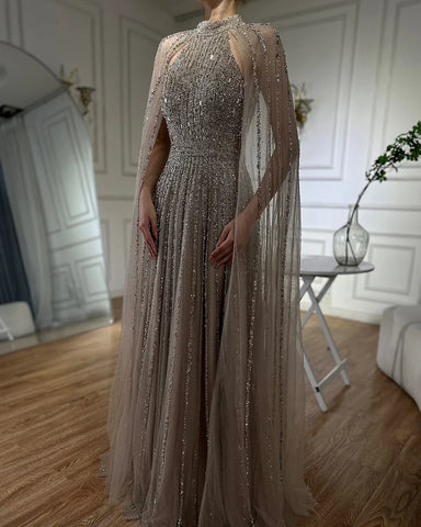 2025 Arabic Caramel A Line Cape Sleeve Beaded Luxury Saudi Evening Dresses Gowns For Formal Occasion LA72306B