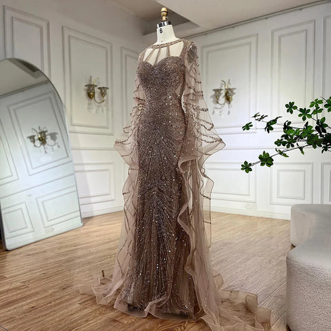 2025 Arabic Caramel Mermaid Evening Dress with Beaded Elegant Cape Sleeves Gown for Formal Occasion LA72708