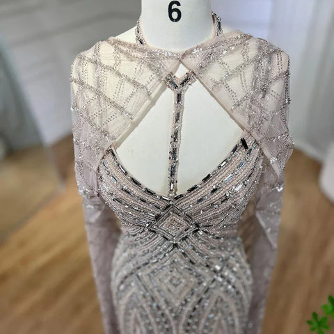 2025 Arabic Caramel Mermaid Long Cloak Beaded Dubai Luxury Evening Dresses Gowns for Women Wedding Party LA72053B