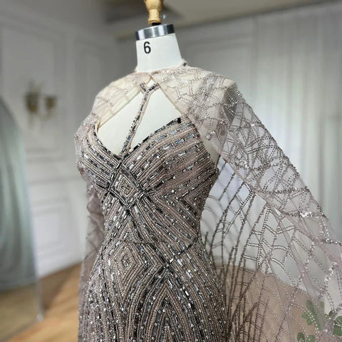 2025 Arabic Caramel Mermaid Long Cloak Beaded Dubai Luxury Evening Dresses Gowns for Women Wedding Party LA72053B
