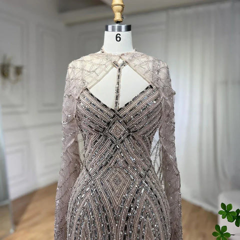 2025 Arabic Caramel Mermaid Long Cloak Beaded Dubai Luxury Evening Dresses Gowns for Women Wedding Party LA72053B
