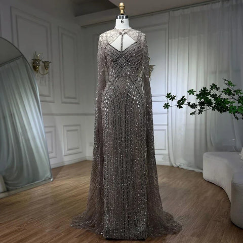 2025 Arabic Caramel Mermaid Long Cloak Beaded Dubai Luxury Evening Dresses Gowns for Women Wedding Party LA72053B