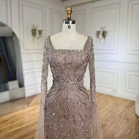 2025 Arabic Caramel Mermaid Long Evening Dress with Beaded Cape Sleeves | Gown for Women's Wedding Party LA72400A