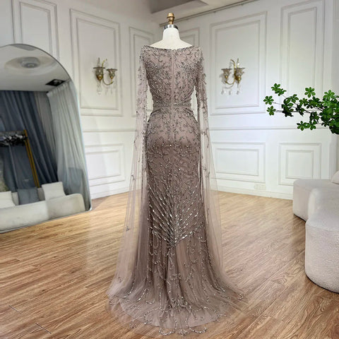 2025 Arabic Caramel Mermaid Long Evening Dress with Beaded Cape Sleeves | Gown for Women's Wedding Party LA72400A