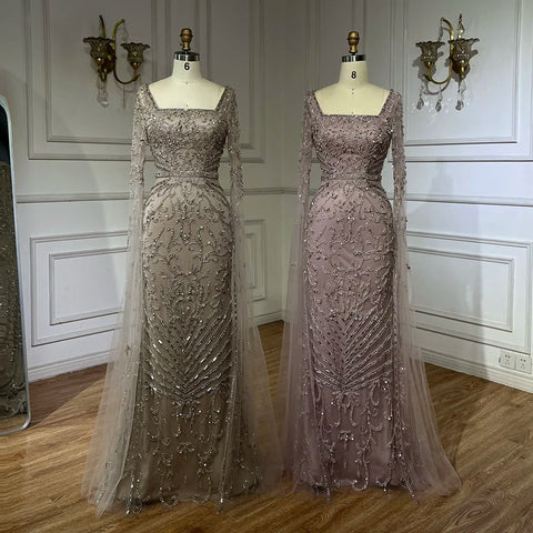 2025 Arabic Caramel Mermaid Long Evening Dress with Beaded Cape Sleeves | Gown for Women's Wedding Party LA72400A