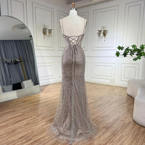 2025 Arabic Caramel Spaghetti Strap Mermaid Lace-Up Evening Gown Beaded Dress for Women's Party LA72645