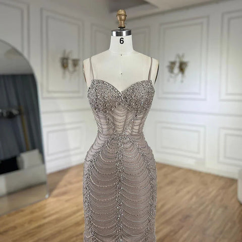 2025 Arabic Caramel Spaghetti Strap Mermaid Lace-Up Evening Gown Beaded Dress for Women's Party LA72645