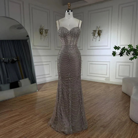 2025 Arabic Caramel Spaghetti Strap Mermaid Lace-Up Evening Gown Beaded Dress for Women's Party LA72645