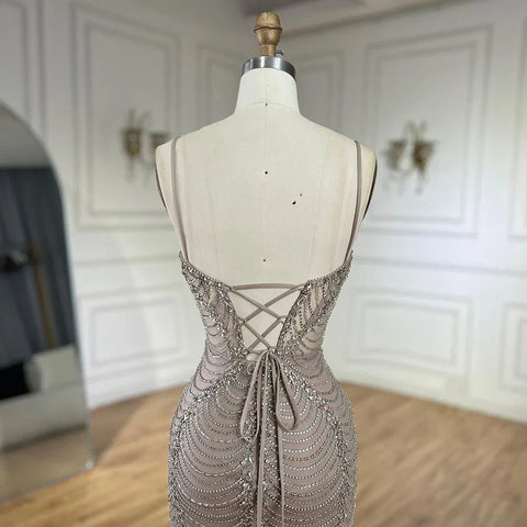 2025 Arabic Caramel Spaghetti Strap Mermaid Lace-Up Evening Gown Beaded Dress for Women's Party LA72645