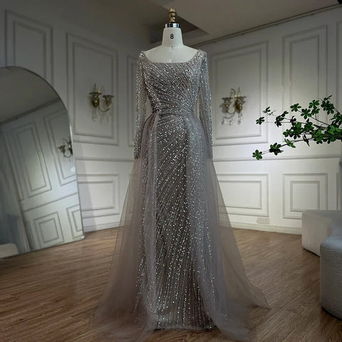 2025 Arabic Dubai Silver Gray Mermaid Detachable Skirt Beaded Luxury Evening Dresses Gowns for Women Party LA71618L