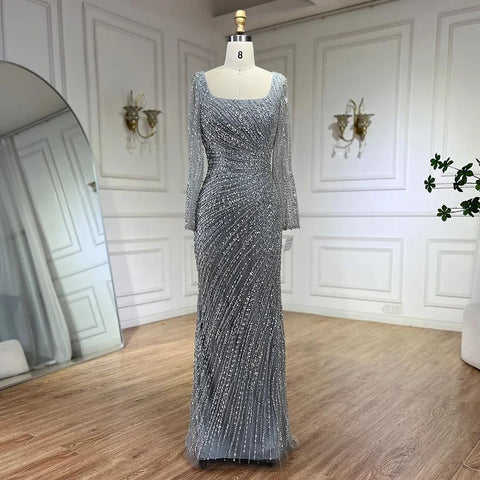 2025 Arabic Dubai Silver Gray Mermaid Detachable Skirt Beaded Luxury Evening Dresses Gowns for Women Party LA71618L