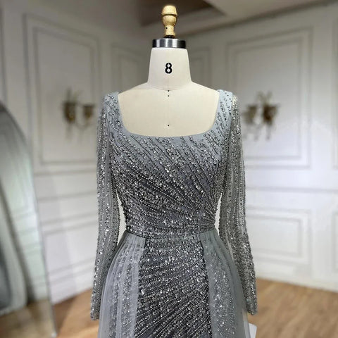2025 Arabic Dubai Silver Gray Mermaid Detachable Skirt Beaded Luxury Evening Dresses Gowns for Women Party LA71618L
