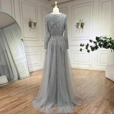 2025 Arabic Dubai Silver Gray Mermaid Detachable Skirt Beaded Luxury Evening Dresses Gowns for Women Party LA71618L