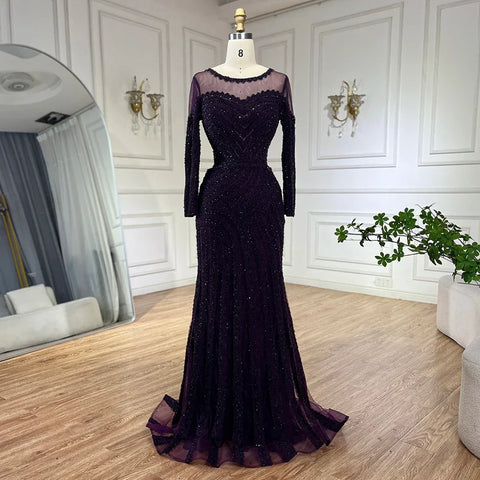 2025 Arabic Elegant Black Mermaid Luxury Dubai Purple Evening Gown with Dress for Women's Party LA72656