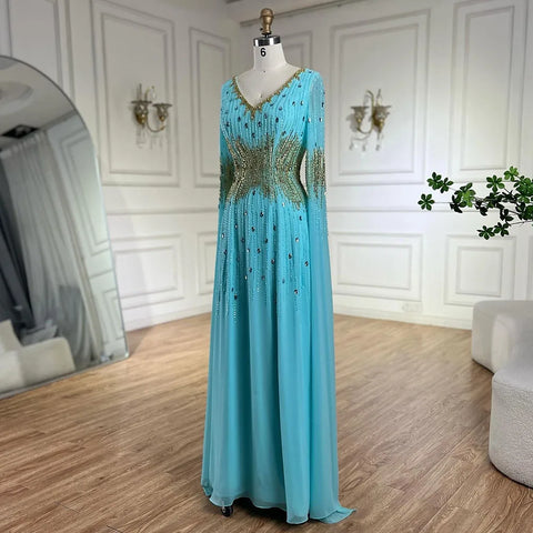 2025 Arabic Elegant Blue Cape Sleeves Beaded Mermaid Evening Gown for Women's Wedding Party LA72609