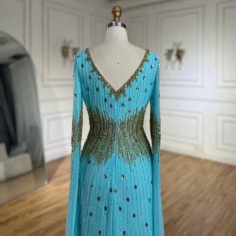 2025 Arabic Elegant Blue Cape Sleeves Beaded Mermaid Evening Gown for Women's Wedding Party LA72609