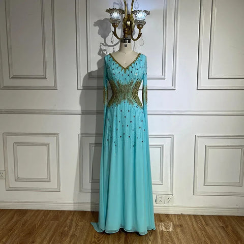 2025 Arabic Elegant Blue Cape Sleeves Beaded Mermaid Evening Gown for Women's Wedding Party LA72609