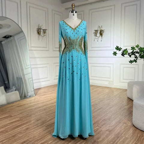2025 Arabic Elegant Blue Cape Sleeves Beaded Mermaid Evening Gown for Women's Wedding Party LA72609