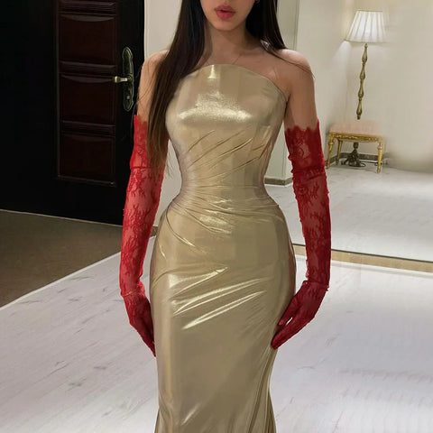 2025 Arabic Elegant Gold Strapless Mermaid Luxury Dubai Evening Gown for Women's Party LA72670