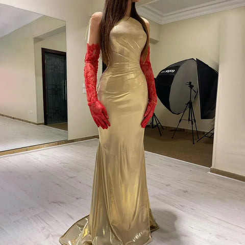 2025 Arabic Elegant Gold Strapless Mermaid Luxury Dubai Evening Gown for Women's Party LA72670