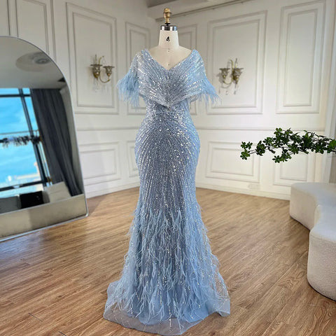 2025 Arabic Elegant Gray Mermaid Luxury Dubai Evening Gown with Feathers Beaded Dress for Women's Party LA71323A