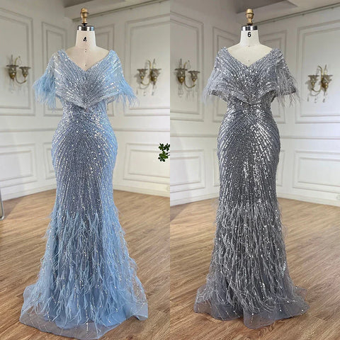 2025 Arabic Elegant Gray Mermaid Luxury Dubai Evening Gown with Feathers Beaded Dress for Women's Party LA71323A