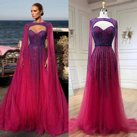 2025 Arabic Fuchsia Cape Sleeves A Line Beaded Evening Dresses Long Celebrity Gowns for Woman Wedding Party LA72433