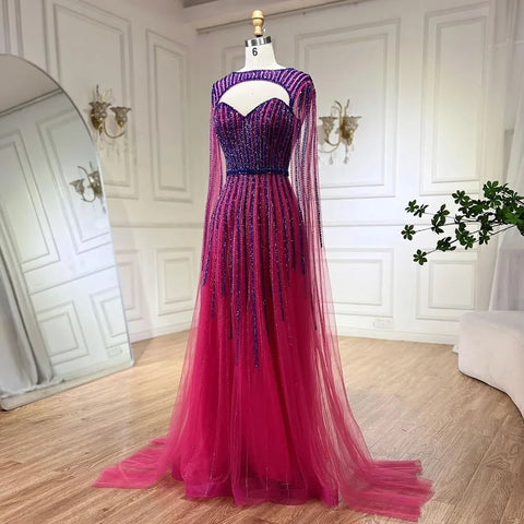 2025 Arabic Fuchsia Cape Sleeves A Line Beaded Evening Dresses Long Celebrity Gowns for Woman Wedding Party LA72433