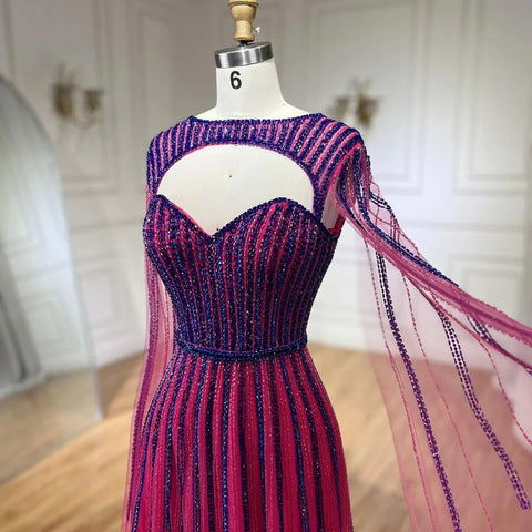 2025 Arabic Fuchsia Cape Sleeves A Line Beaded Evening Dresses Long Celebrity Gowns for Woman Wedding Party LA72433