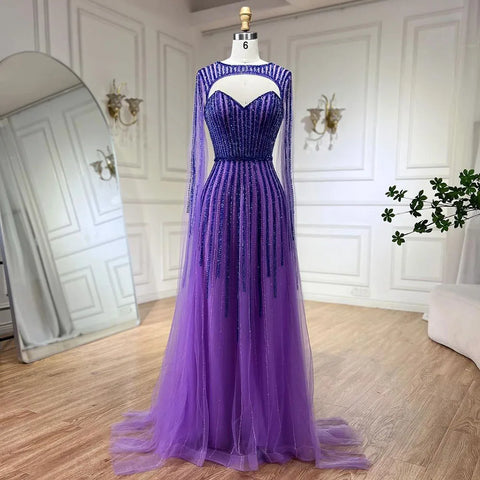 2025 Arabic Fuchsia Cape Sleeves A Line Beaded Evening Dresses Long Celebrity Gowns for Woman Wedding Party LA72433