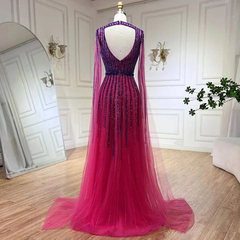 2025 Arabic Fuchsia Cape Sleeves A Line Beaded Evening Dresses Long Celebrity Gowns for Woman Wedding Party LA72433