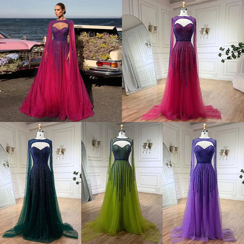 2025 Arabic Fuchsia Cape Sleeves A Line Beaded Evening Dresses Long Celebrity Gowns for Woman Wedding Party LA72433