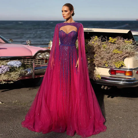 2025 Arabic Fuchsia Cape Sleeves A Line Beaded Evening Dresses Long Celebrity Gowns for Woman Wedding Party LA72433