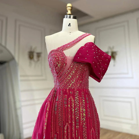 2025 Arabic Fuchsia One Shoulder Blue Beaded Luxury Dubai Evening Gowns with Side Skirt for Women's Party LA72664
