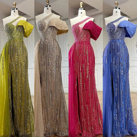 2025 Arabic Fuchsia One Shoulder Blue Beaded Luxury Dubai Evening Gowns with Side Skirt for Women's Party LA72664