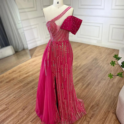 2025 Arabic Fuchsia One Shoulder Blue Beaded Luxury Dubai Evening Gowns with Side Skirt for Women's Party LA72664
