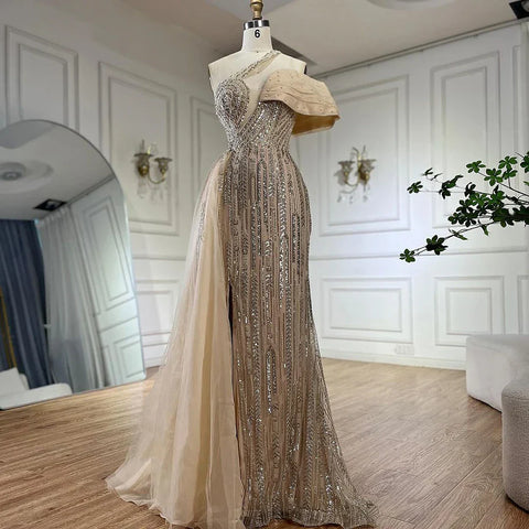 2025 Arabic Fuchsia One Shoulder Blue Beaded Luxury Dubai Evening Gowns with Side Skirt for Women's Party LA72664